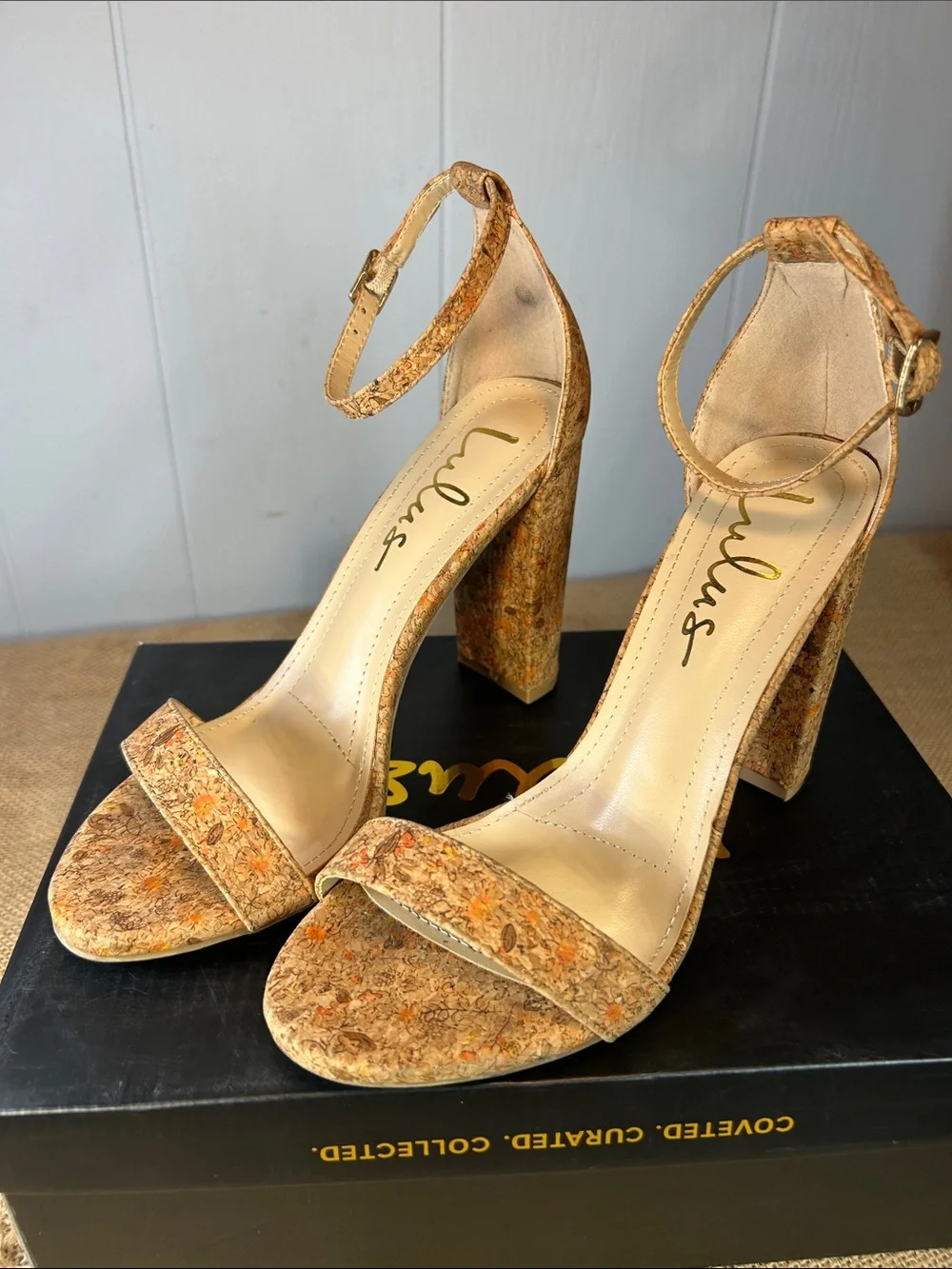 Lulu's Cork-Textured Ankle-Strap Block Heels - Tan Multi